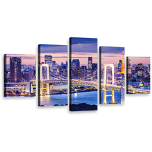 Load image into Gallery viewer, Tokyo Harbor Canvas Wall Art, Tokyo Skyline City Bridge 5 Piece Canvas Print, Gold Rainbow Blue Tokyo Bay Multi Canvas
