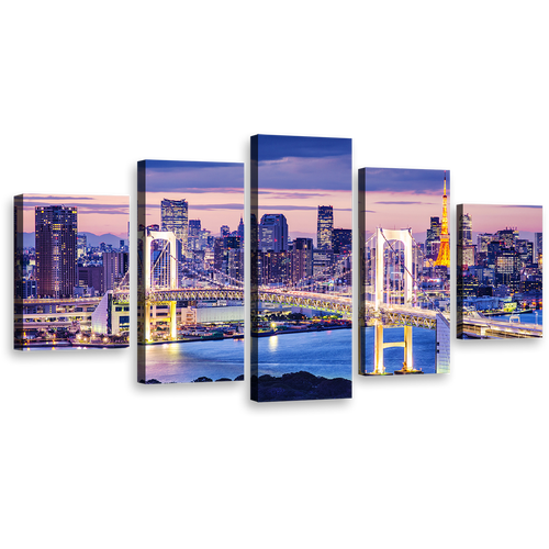 Tokyo Harbor Canvas Wall Art, Tokyo Skyline City Bridge 5 Piece Canvas Print, Gold Rainbow Blue Tokyo Bay Multi Canvas