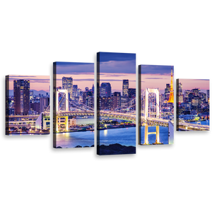Tokyo Harbor Canvas Wall Art, Tokyo Skyline City Bridge 5 Piece Canvas Print, Gold Rainbow Blue Tokyo Bay Multi Canvas