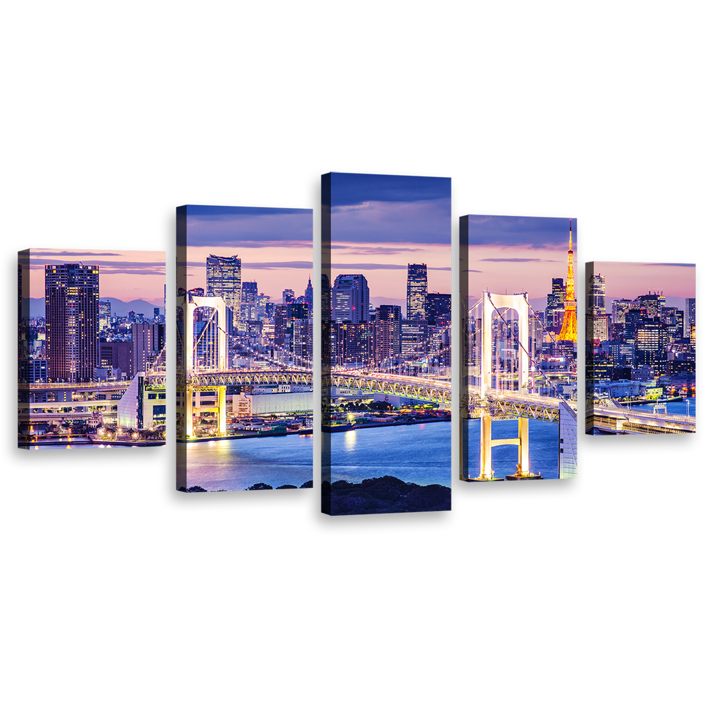 Tokyo Harbor Canvas Wall Art, Tokyo Skyline City Bridge 5 Piece Canvas Print, Gold Rainbow Blue Tokyo Bay Multi Canvas