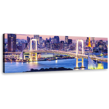 Load image into Gallery viewer, Tokyo Skyline Canvas Wall Art, Gold Rainbow Bridge Blue Night Panoramic Canvas, Tokyo Bay Harbor City Bridge Canvas Print
