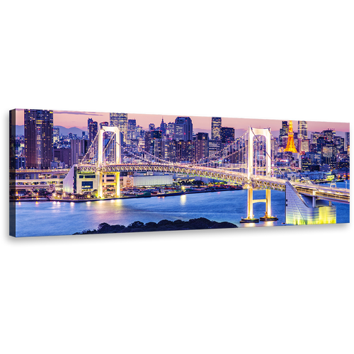 Tokyo Skyline Canvas Wall Art, Gold Rainbow Bridge Blue Night Panoramic Canvas, Tokyo Bay Harbor City Bridge Canvas Print