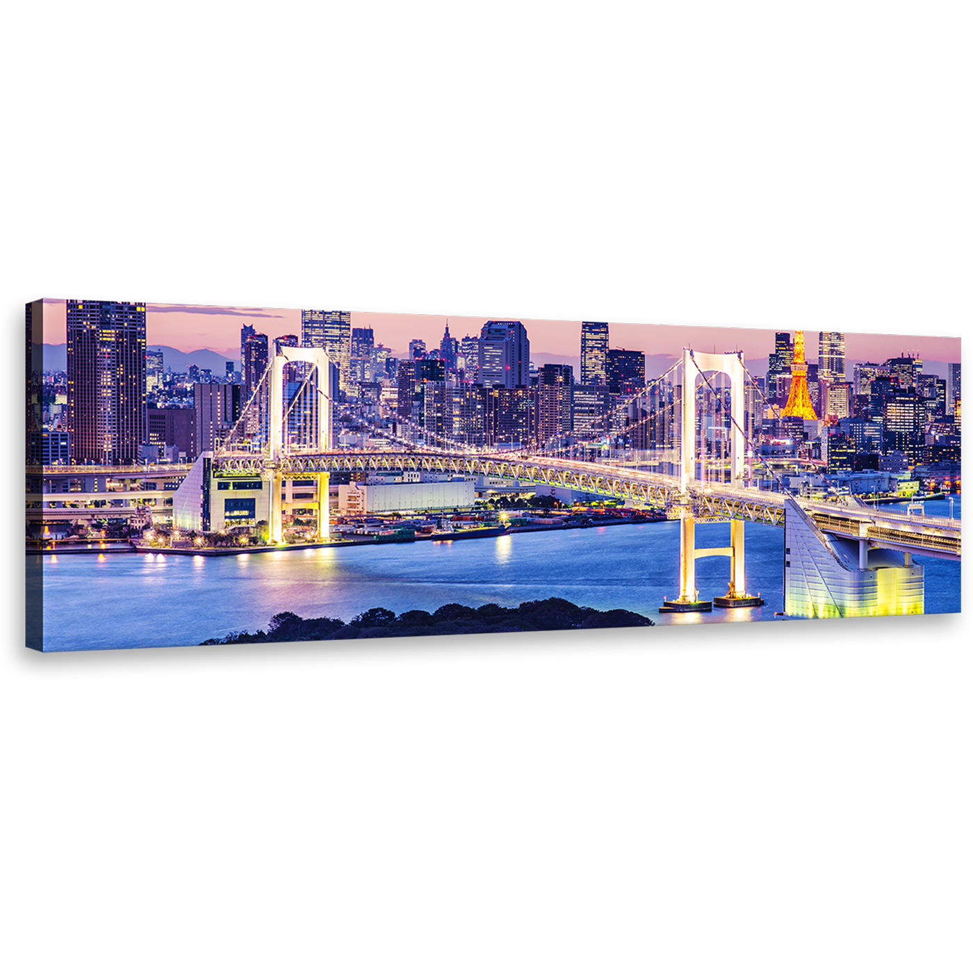 Tokyo Skyline Canvas Wall Art, Gold Rainbow Bridge Blue Night Panoramic Canvas, Tokyo Bay Harbor City Bridge Canvas Print