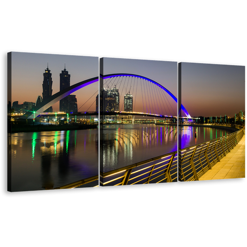 Tolerance Bridge Canvas Print, Blue Dubai Bridge Reflection 3 Piece Wall Art, United Arab Emirates Grey Sky Harbors Canal City Multi Canvas