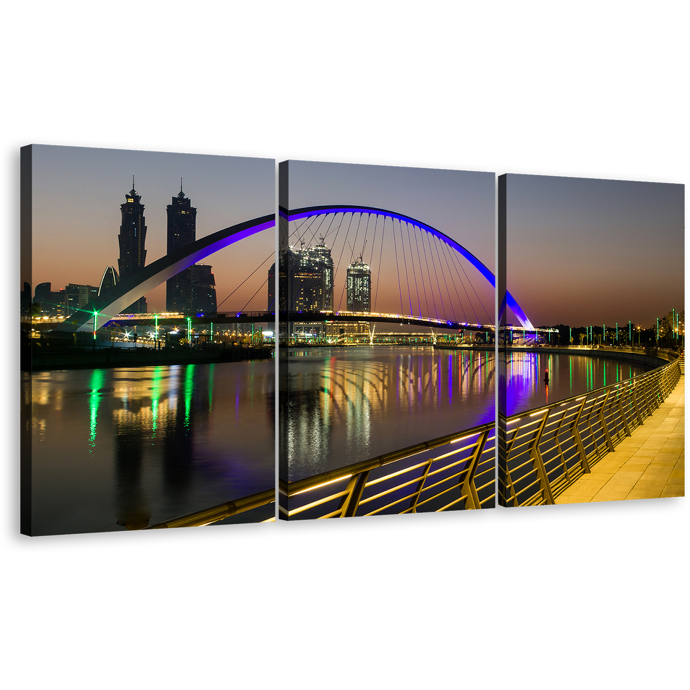 Tolerance Bridge Canvas Print, Blue Dubai Bridge Reflection 3 Piece Wall Art, United Arab Emirates Grey Sky Harbors Canal City Multi Canvas