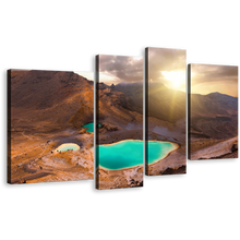 Load image into Gallery viewer, Tongariro Crossing Canvas Wall Art, Yellow Emerald Lake Sunrise 4 Piece Canvas Print, Tongariro National Park Multi Canvas, Brown New Zealand Mountain Canvas Set
