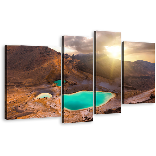 Tongariro Crossing Canvas Wall Art, Yellow Emerald Lake Sunrise 4 Piece Canvas Print, Tongariro National Park Multi Canvas, Brown New Zealand Mountain Canvas Set