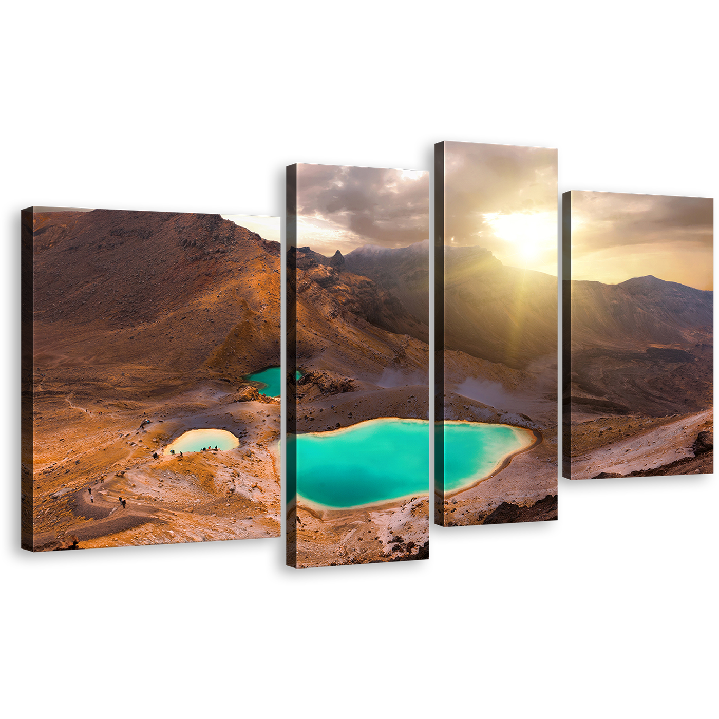 Tongariro Crossing Canvas Wall Art, Yellow Emerald Lake Sunrise 4 Piece Canvas Print, Tongariro National Park Multi Canvas, Brown New Zealand Mountain Canvas Set