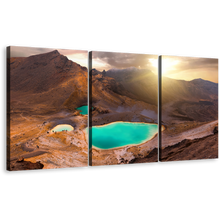 Load image into Gallery viewer, Tongariro National Park Canvas Wall Art, Brown New Zealand Mountain Multi Canvas, Yellow Emerald Lake Sunrise Triptych Canvas Print, Tongariro Alpine Crossing 3 Piece Canvas
