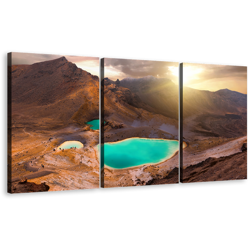 Tongariro National Park Canvas Wall Art, Brown New Zealand Mountain Multi Canvas, Yellow Emerald Lake Sunrise Triptych Canvas Print, Tongariro Alpine Crossing 3 Piece Canvas