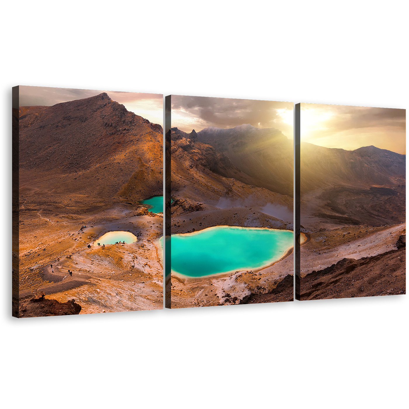 Tongariro National Park Canvas Wall Art, Brown New Zealand Mountain Multi Canvas, Yellow Emerald Lake Sunrise Triptych Canvas Print, Tongariro Alpine Crossing 3 Piece Canvas