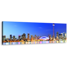 Load image into Gallery viewer, Toronto Lakeside Wall Art, Blue City Skyline Panoramic Canvas Print, Canada Yellow Reflection 1 Piece Canvas Art
