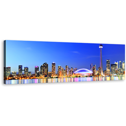 Toronto Lakeside Wall Art, Blue City Skyline Panoramic Canvas Print, Canada Yellow Reflection 1 Piece Canvas Art