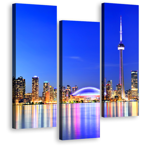 Toronto Skyline Canvas Wall Art, Canada Yellow City Lights Colorful Reflection 3 Piece Set, Blue Lake Ontario Canvas Print