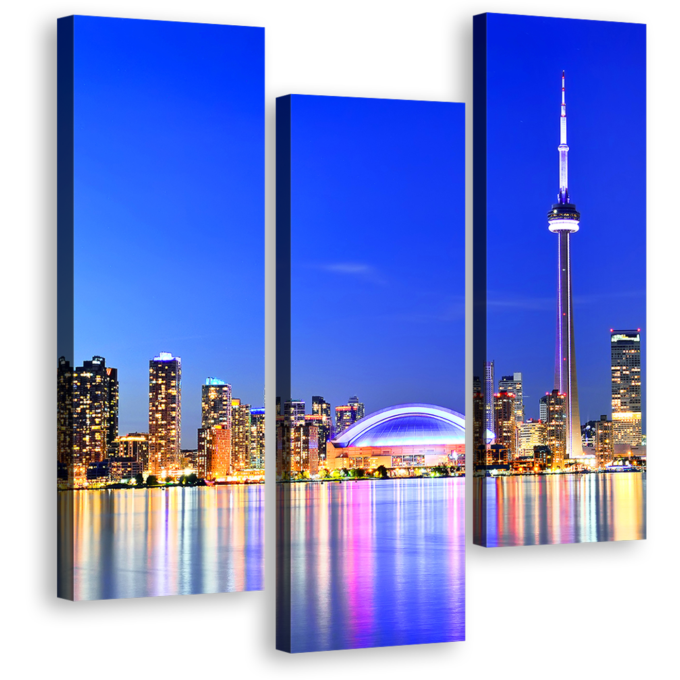 Toronto Skyline Canvas Wall Art, Canada Yellow City Lights Colorful Reflection 3 Piece Set, Blue Lake Ontario Canvas Print