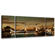 Load image into Gallery viewer, Tower Bridge Canvas Wall Art, James River London Triptych Canvas Set, Brown Cityscape Split Canvas, Yellow Lights City Bridge 3 Piece Canvas Print
