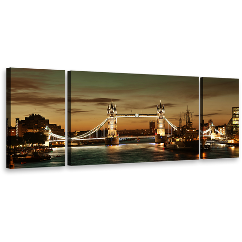 Tower Bridge Canvas Wall Art, James River London Triptych Canvas Set, Brown Cityscape Split Canvas, Yellow Lights City Bridge 3 Piece Canvas Print