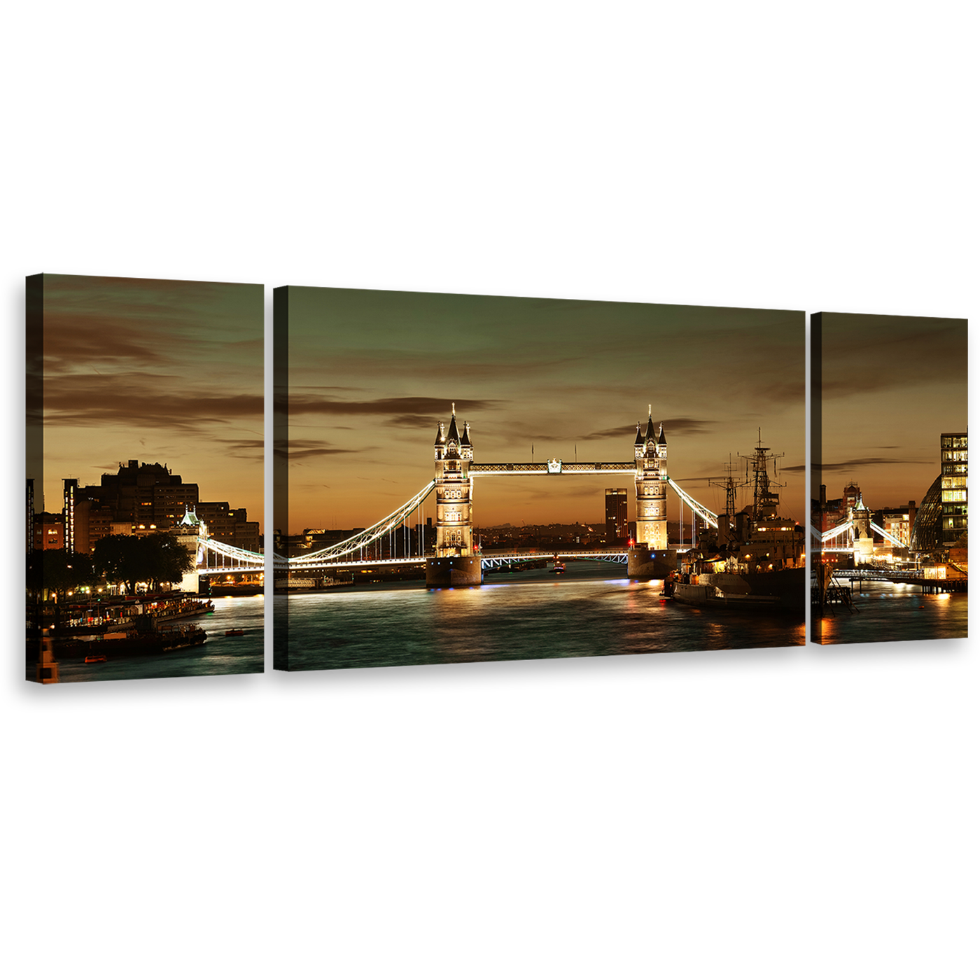 Tower Bridge Canvas Wall Art, James River London Triptych Canvas Set, Brown Cityscape Split Canvas, Yellow Lights City Bridge 3 Piece Canvas Print