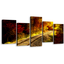 Load image into Gallery viewer, Train Tracks Canvas Print, Yellow Forest Railroad Multi Canvas, Tracks thru Red Forest Sunshine 5 Piece Canvas Wall Art
