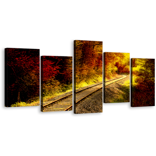 Train Tracks Canvas Print, Yellow Forest Railroad Multi Canvas, Tracks thru Red Forest Sunshine 5 Piece Canvas Wall Art