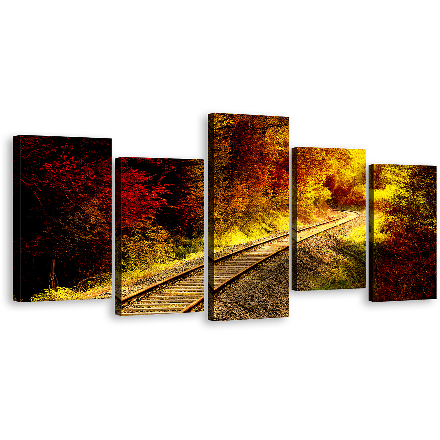 Train Tracks Canvas Print, Yellow Forest Railroad Multi Canvas, Tracks thru Red Forest Sunshine 5 Piece Canvas Wall Art