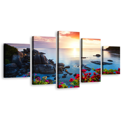 Tranquil Beach Wall Art, Blue Ocean Mountains Rocks 5 Piece Multi Canvas, Koh Samui Island Yellow Sunset Canvas Print