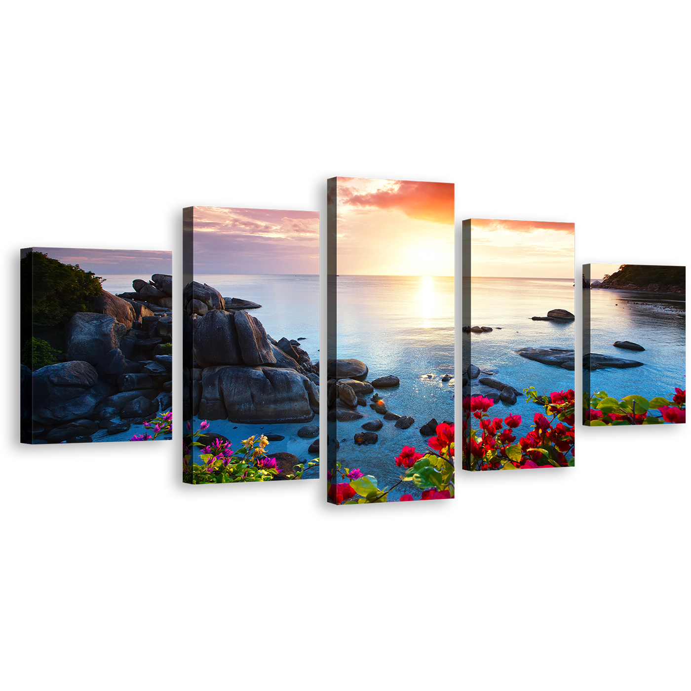 Tranquil Beach Wall Art, Blue Ocean Mountains Rocks 5 Piece Multi Canvas, Koh Samui Island Yellow Sunset Canvas Print