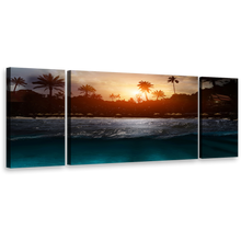 Load image into Gallery viewer, Tranquil Beach Wall Art, Yellow Sunset Sky Scenery Trees 3 Piece Canvas Set, Grey Sea Waves Ocean Beach Canvas Print
