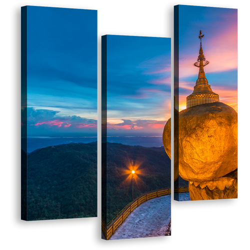 Treasure of Buddhism Canvas Wall Art, Blue Sky Kyaiktiyo Pagoda Triptych Canvas Set, Orange Myanmar Scene View 3 Piece Canvas Print