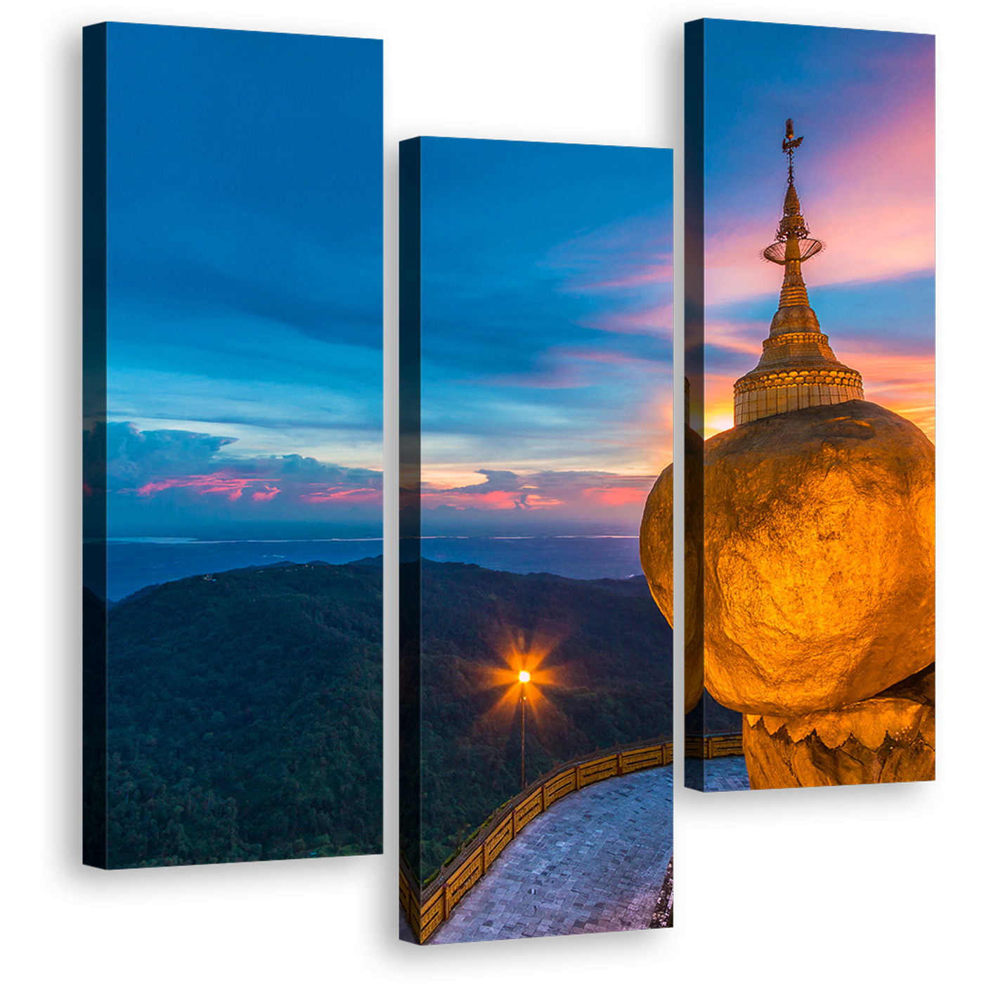 Treasure of Buddhism Canvas Wall Art, Blue Sky Kyaiktiyo Pagoda Triptych Canvas Set, Orange Myanmar Scene View 3 Piece Canvas Print