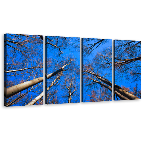 Tree Branches Wall Art, Beautiful Brown Autumn Trees Canvas Print, Looking Up Blue Sky 4 Piece Canvas