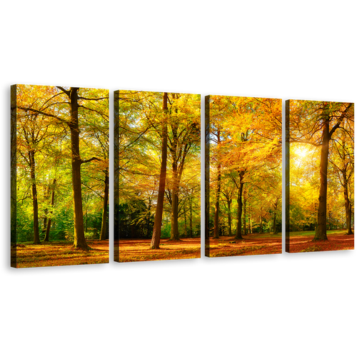 Trees Forest Wall Art, Green Scenic Autumn 4 Piece Canvas Print, Beautiful Yellow Trees Multiple Canvas