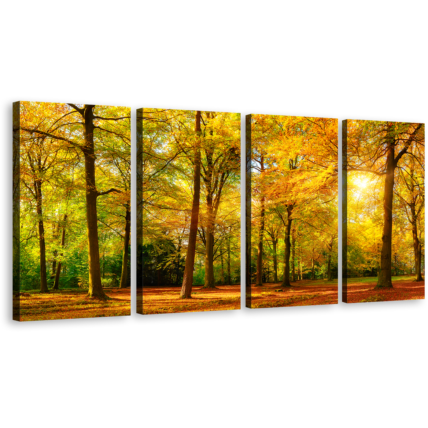 Trees Forest Wall Art, Green Scenic Autumn 4 Piece Canvas Print, Beautiful Yellow Trees Multiple Canvas