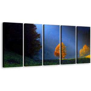 Trees Scenery Canvas Print, Blue Sky Sun Beam Landscape 5 Piece Canvas Wall Art, Golden Orange Trees Majestic Scenery Multi Panel Canvas