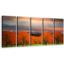 Load image into Gallery viewer, Trees Scenery Canvas Print, Green Grass Trees Landscape Split Canvas, Orange Sunset Sky Cityscape 5 Piece Wall Art
