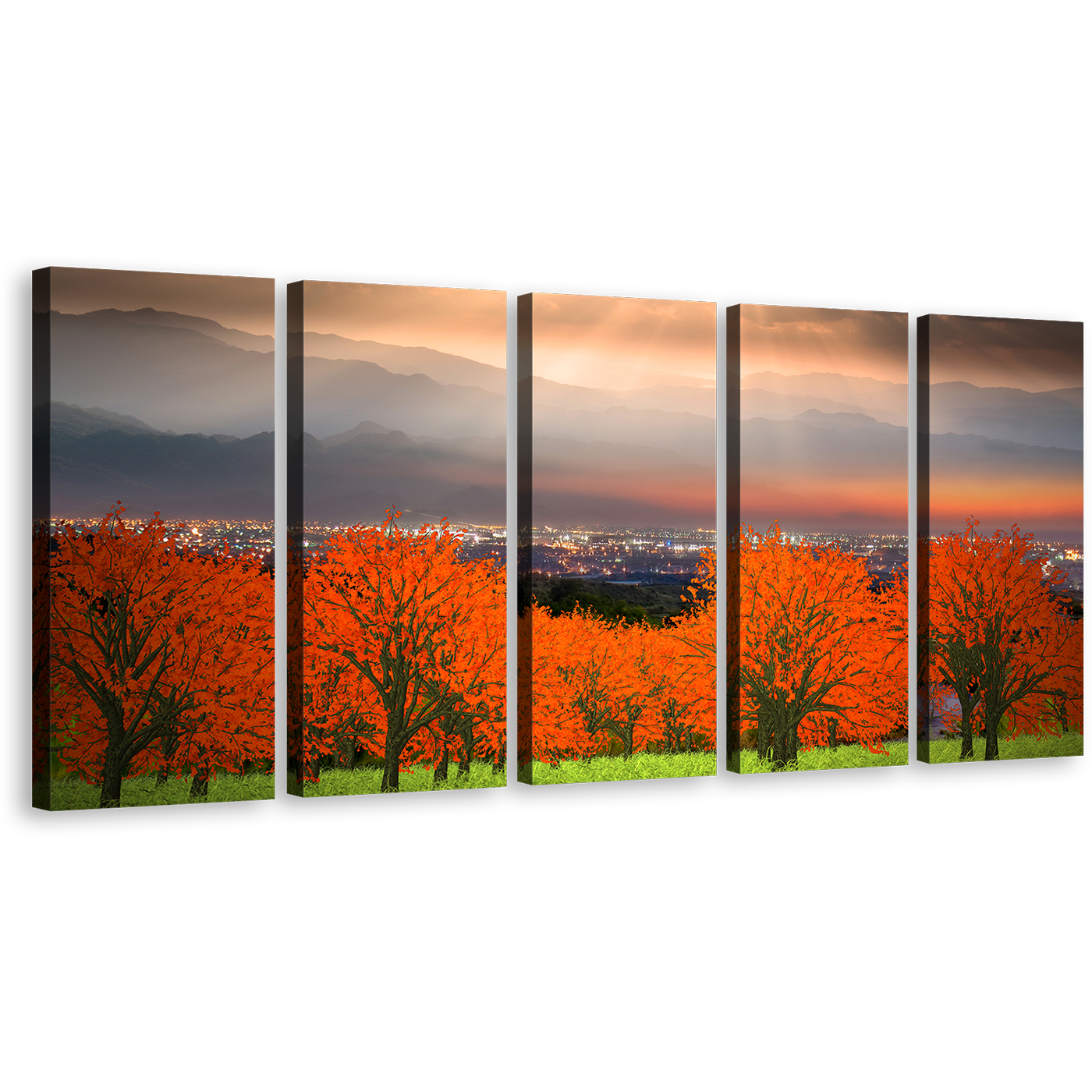 Trees Scenery Canvas Print, Green Grass Trees Landscape Split Canvas, Orange Sunset Sky Cityscape 5 Piece Wall Art