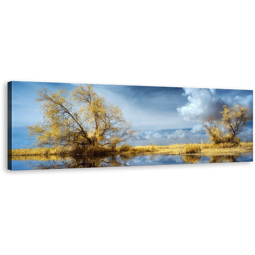 Trees Scenery Canvas Wall Art, Blue Cloudy Sky Lake Nature Canvas Artwork, Green Trees Water Reflection Scenery 1 Piece Canvas Print