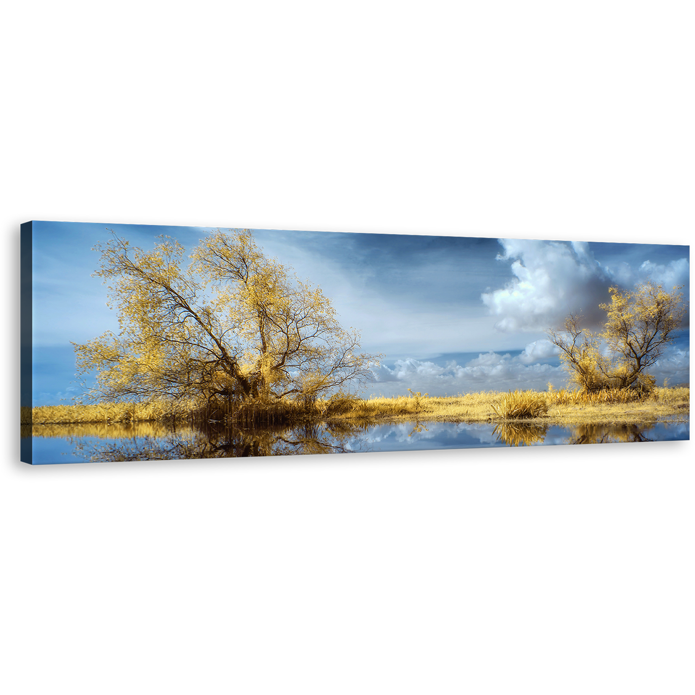 Trees Scenery Canvas Wall Art, Blue Cloudy Sky Lake Nature Canvas Artwork, Green Trees Water Reflection Scenery 1 Piece Canvas Print