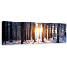 Load image into Gallery viewer, Trees Strains Wall Art, White Snowy Forest Panoramic Canvas Print, Yellow Sunset Between Trees Canvas Art
