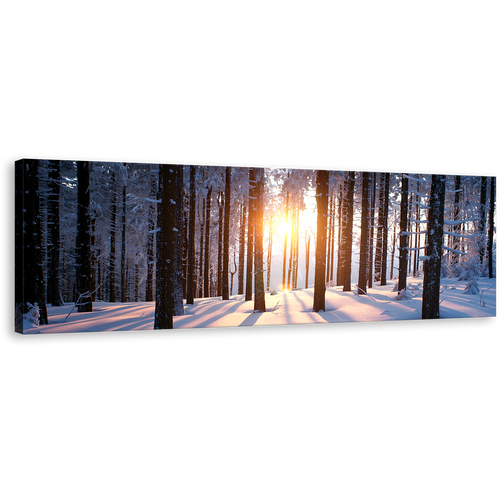 Trees Strains Wall Art, White Snowy Forest Panoramic Canvas Print, Yellow Sunset Between Trees Canvas Art