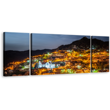 Load image into Gallery viewer, Troodos Mountains Canvas Wall Art, Orange Village at Night 3 Piece Multiple Canvas, Grey Sky Village Mountains Triptych Canvas Print
