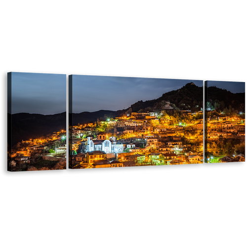 Troodos Mountains Canvas Wall Art, Orange Village at Night 3 Piece Multiple Canvas, Grey Sky Village Mountains Triptych Canvas Print