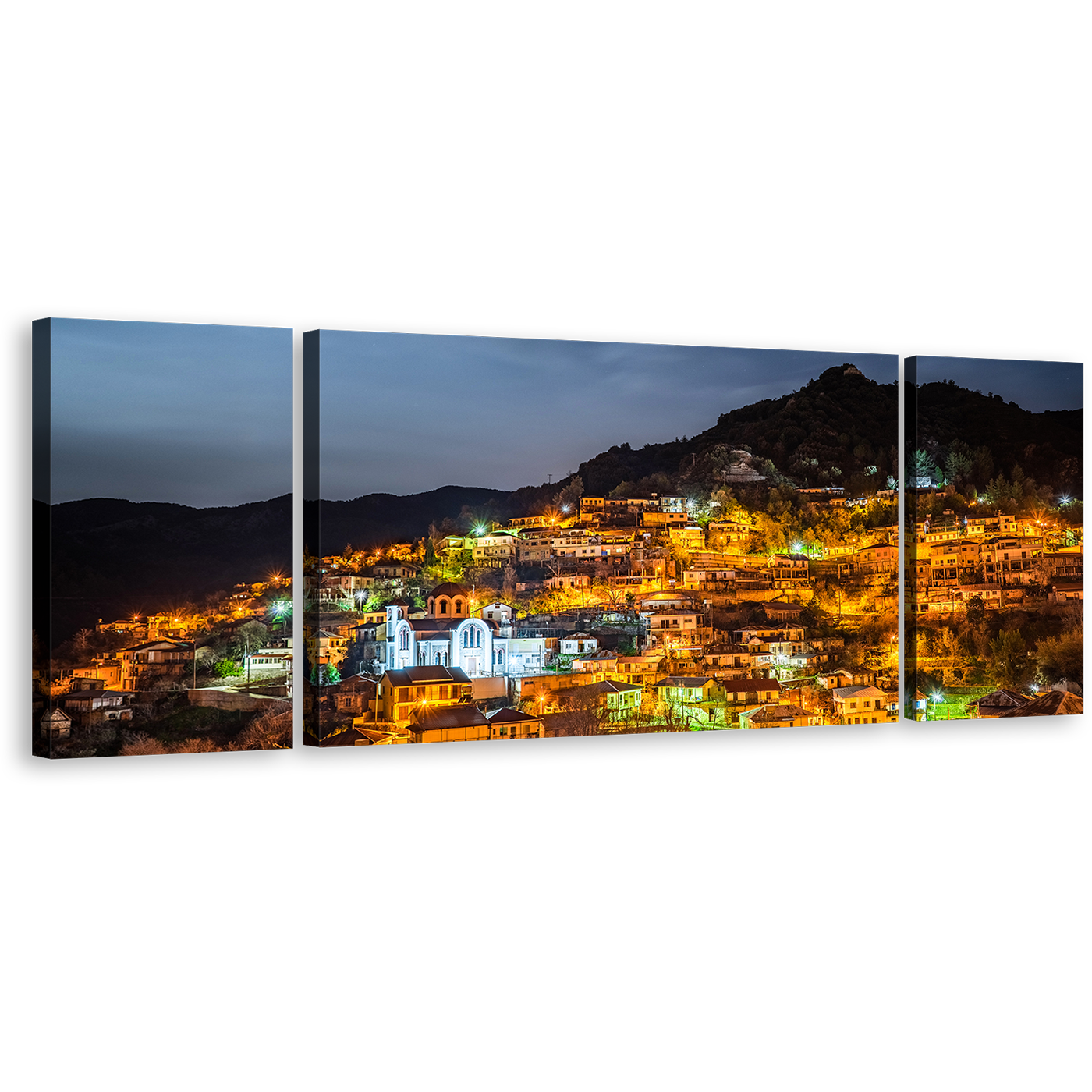 Troodos Mountains Canvas Wall Art, Orange Village at Night 3 Piece Multiple Canvas, Grey Sky Village Mountains Triptych Canvas Print