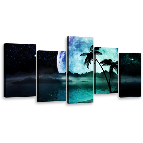 Tropical Beach Wall Art, Full Moonlight Green Ocean Canvas Print, Black Starry Night Island 5 Piece Multi Canvas