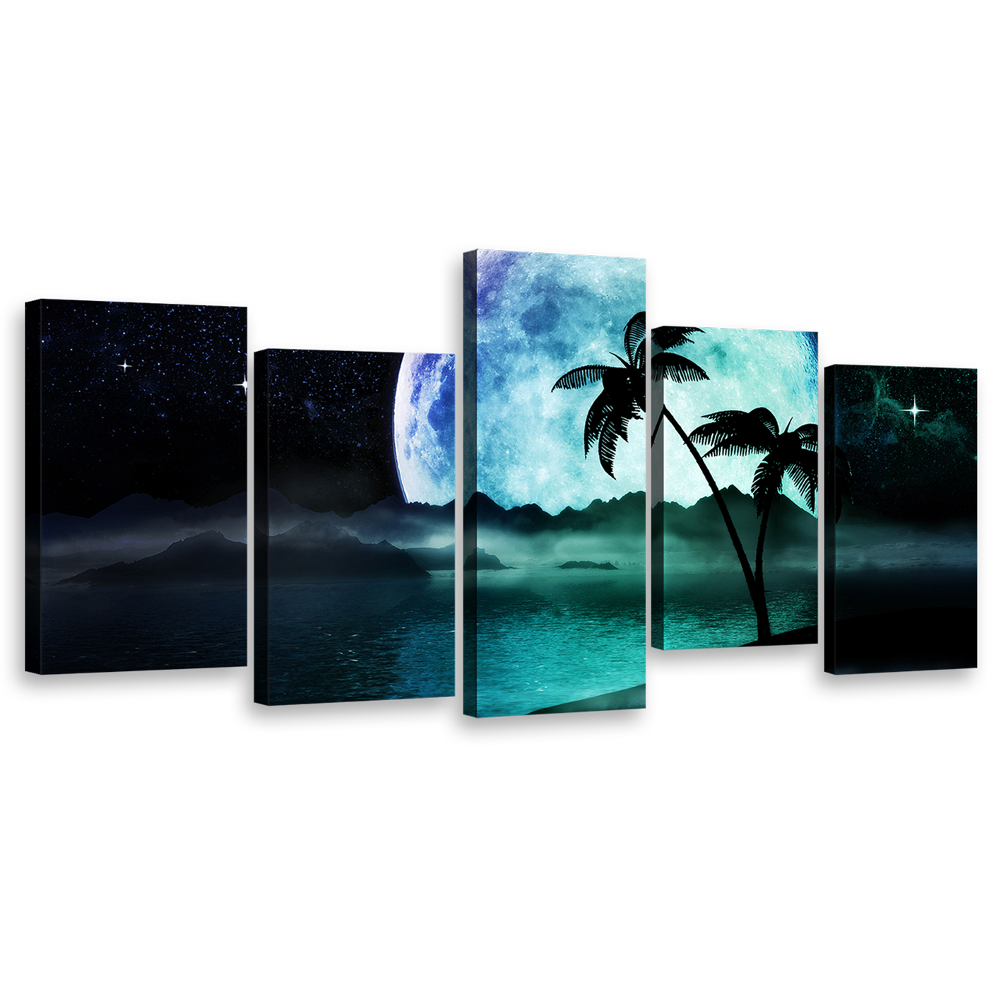 Tropical Beach Wall Art, Full Moonlight Green Ocean Canvas Print, Black Starry Night Island 5 Piece Multi Canvas