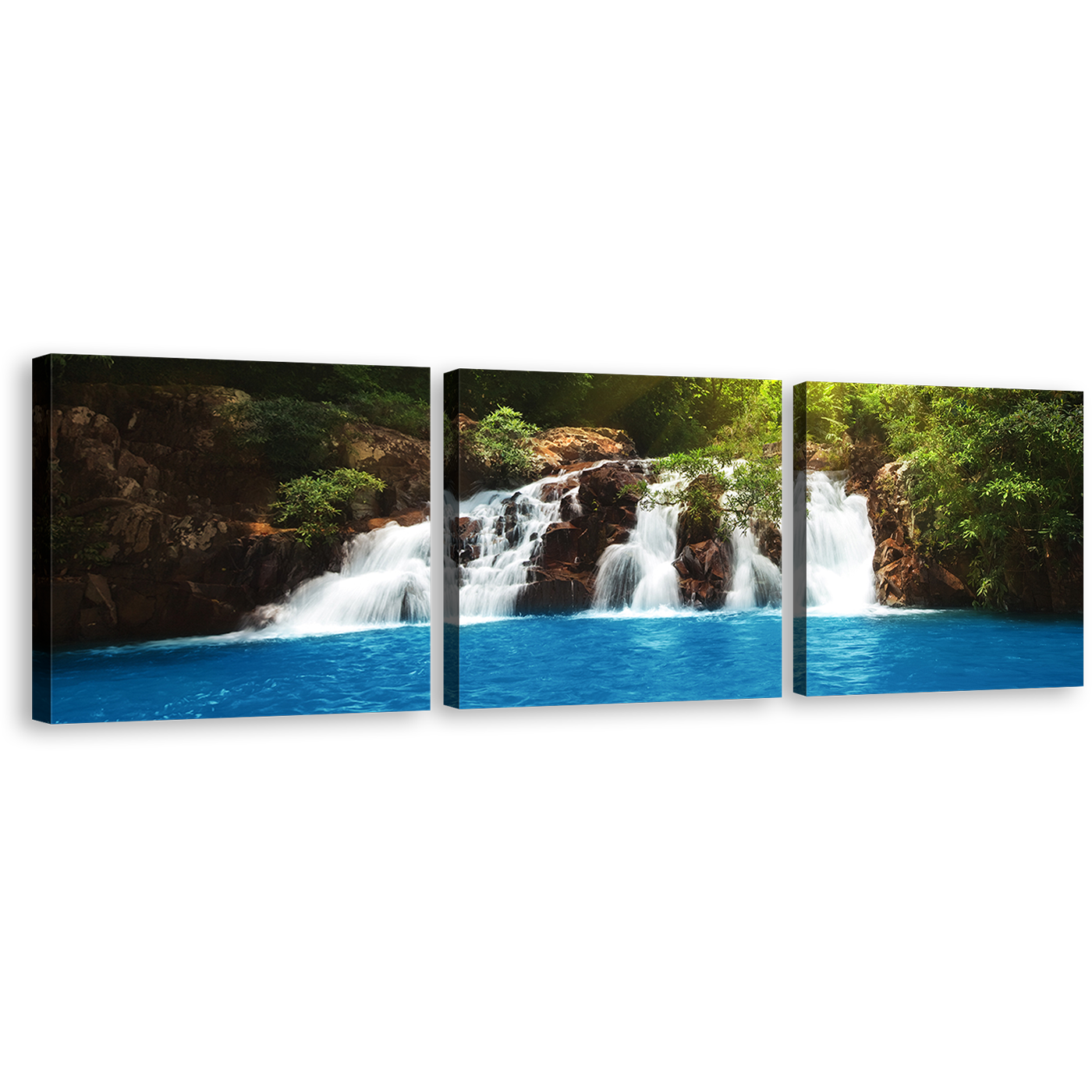 Tropical Forest Canvas Wall Art, Streaming Water Green Forest Canvas Set, Waterfall Blue Water 3 Piece Canvas Print