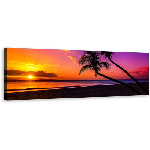 Tropical Island Canvas Wall Art, Colorful Sky Ocean Canvas Print, Yellow Sunset Ocean Beach Panoramic Canvas Artwork