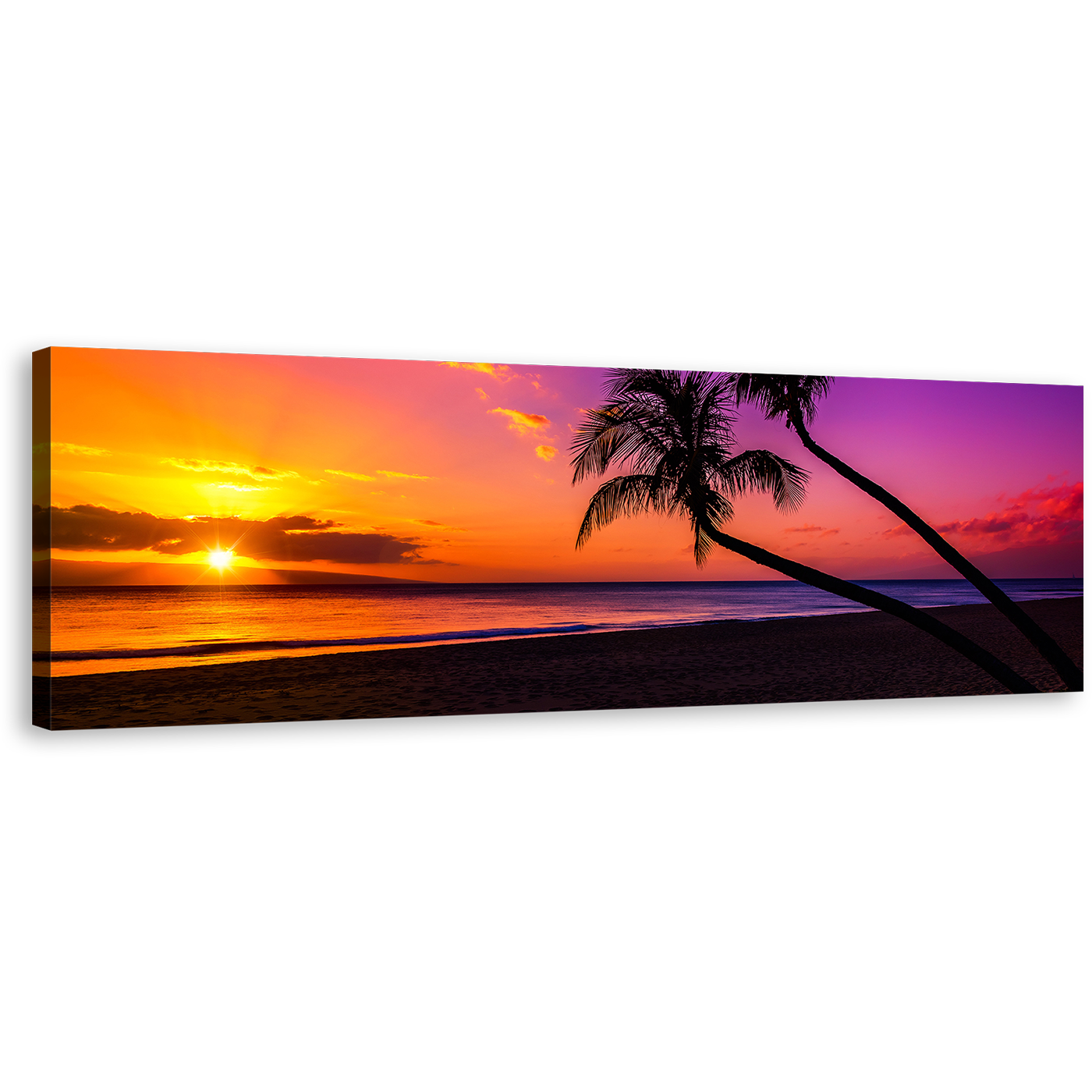 Tropical Island Canvas Wall Art, Colorful Sky Ocean Canvas Print, Yellow Sunset Ocean Beach Panoramic Canvas Artwork