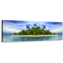 Load image into Gallery viewer, Tropical Island Canvas Wall Art, Green Island with Palm Trees Panoramic Canvas, Blue Sky Ocean Beaches Canvas Print
