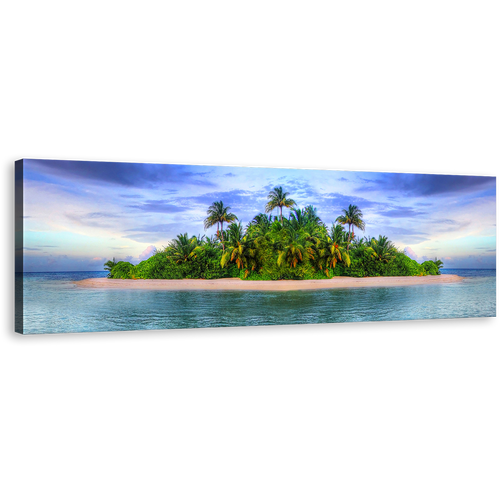 Tropical Island Canvas Wall Art, Green Island with Palm Trees Panoramic Canvas, Blue Sky Ocean Beaches Canvas Print